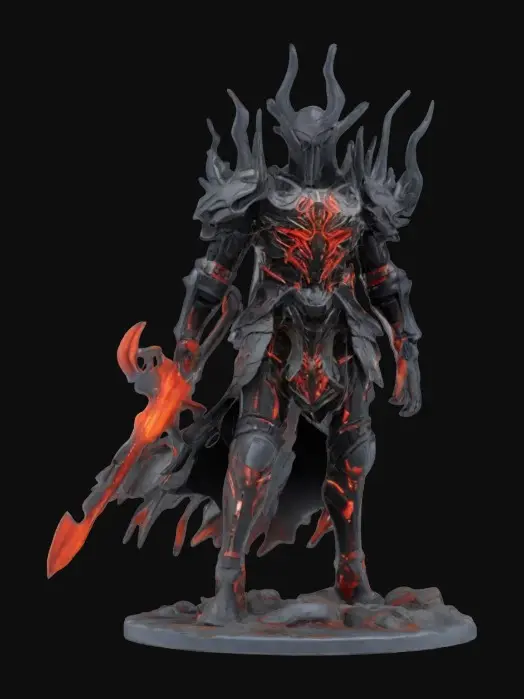 3D model for Infernal Knight, A demon Knight in Hellfire armour. Highly detailed. Highly stylized. Ensure all walls and features are at least 2mm thick. Include bold, recessed features with a depth of at least 2mm. Maintain sharp, clean lines with no unnecessary fine or jagged edges. Design embossed features to rise at least 2mm above the surface. Recess etched details at least 2mm deep for clarity. Best detailed mesh.