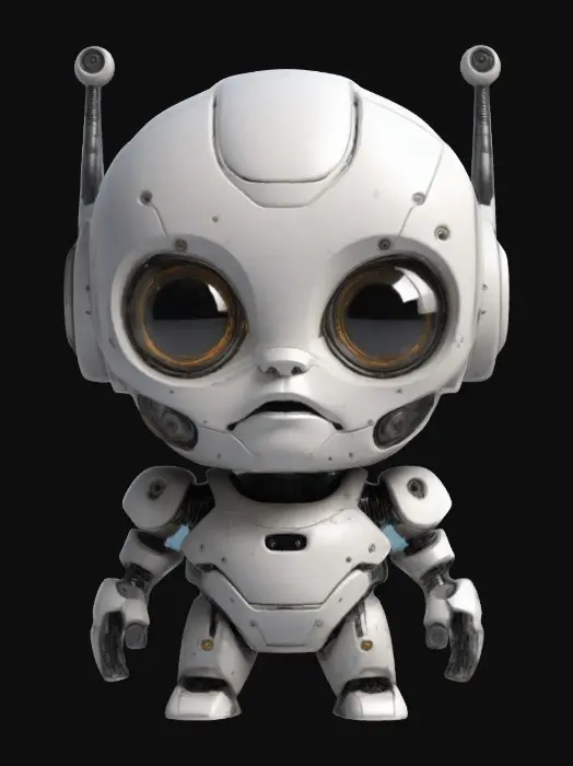 3D model for Robot,Chibi art style. Clearly defined facial features. Highly detailed. Highly stylized. Ensure all walls and features are at least 2mm thick. Include bold, recessed features with a depth of at least 2mm. Maintain sharp, clean lines with no unnecessary fine or jagged edges. Design embossed features to rise at least 2mm above the surface. Recess etched details at least 2mm deep for clarity. Best detailed mesh.