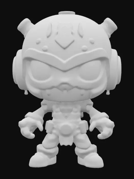 3D model for A Character from the computer game "BIOSHOCK". Chibi art style. Fighting stance. Menacing pose. Highly stylized. Ensure all walls and features are at least 2mm thick. Include bold, recessed features with a depth of at least 2mm. Maintain sharp, clean lines. Embossed features to rise at least 2mm above the surface. Recess etched details at least 2mm deep for clarity. DND.