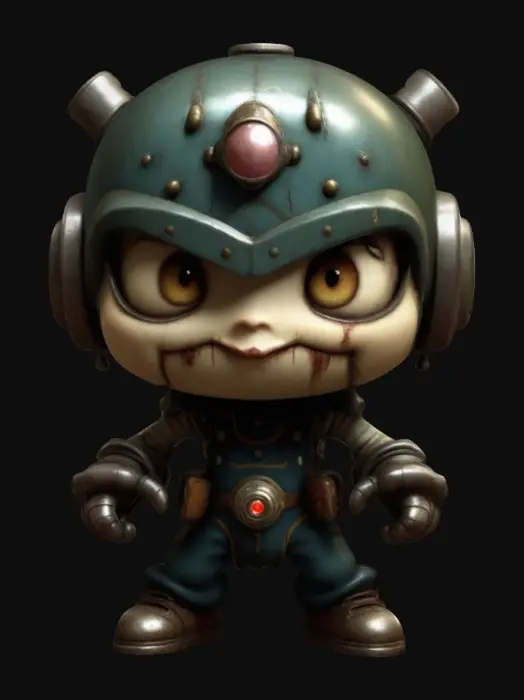3D model for A Character from the computer game "BIOSHOCK". Chibi art style. Fighting stance. Menacing pose. Highly stylized. Ensure all walls and features are at least 2mm thick. Include bold, recessed features with a depth of at least 2mm. Maintain sharp, clean lines. Embossed features to rise at least 2mm above the surface. Recess etched details at least 2mm deep for clarity. DND.