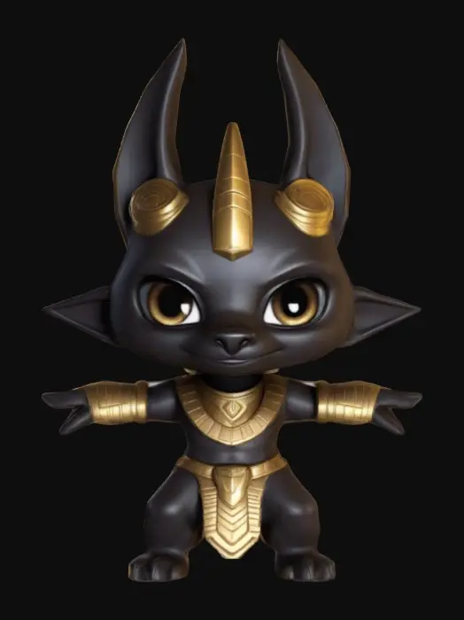 3D model for Anubis from the video game Smite. Chibi art style. T-Pose.Chibi art style.  Highly stylized. Ensure all walls and features are at least 2mm thick. Include bold, recessed features with a depth of at least 2mm. Maintain sharp, clean lines. Embossed features to rise at least 2mm above the surface. Recess etched details at least 2mm deep for clarity. DND.