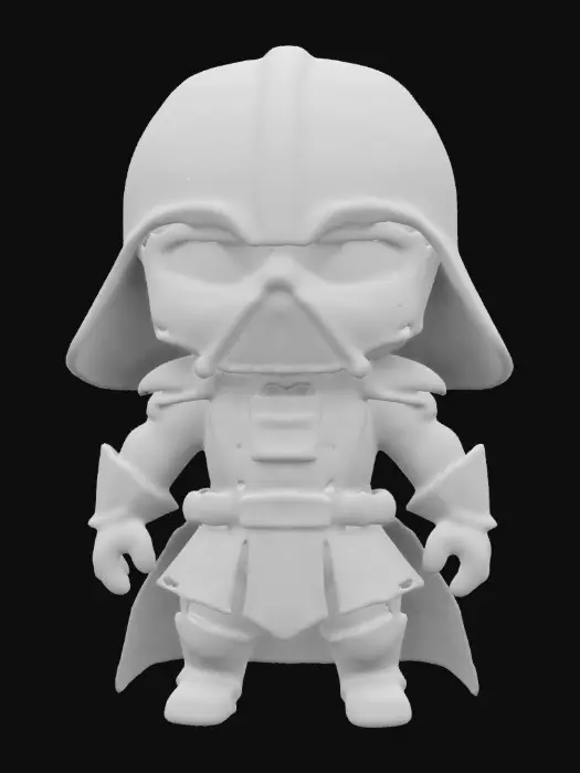 3D model for Earth Vader. Chibi art style. Fighting stance. Menacing pose. Highly stylized. Ensure all walls and features are at least 2mm thick.  Include bold, recessed features with a depth of at least 2mm. Maintain sharp, clean lines. Embossed features to rise at least 2mm above the surface. Recess etched details at least 2mm deep for clarity. DND.