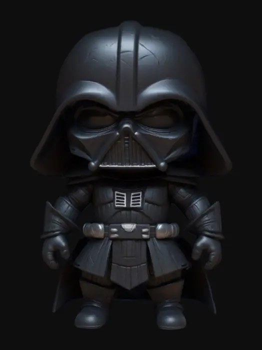 3D model for Earth Vader. Chibi art style. Fighting stance. Menacing pose. Highly stylized. Ensure all walls and features are at least 2mm thick.  Include bold, recessed features with a depth of at least 2mm. Maintain sharp, clean lines. Embossed features to rise at least 2mm above the surface. Recess etched details at least 2mm deep for clarity. DND.