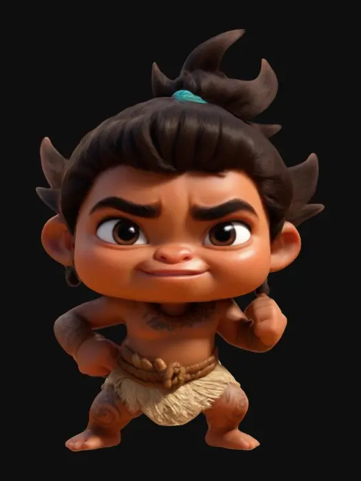 3D model for Mauwi from Disneys Moana. Fighting pose. Chibi art style. Well lit. Highly stylized. Highly detailed. Clearly defined facial features. Sharp, clean lines. All walls and features at least 2mm thick. Bold, recessed features with a depth of at least 2mm. Embossed features to rise at least 2mm above the surface. Recess etched details at least 2mm deep.