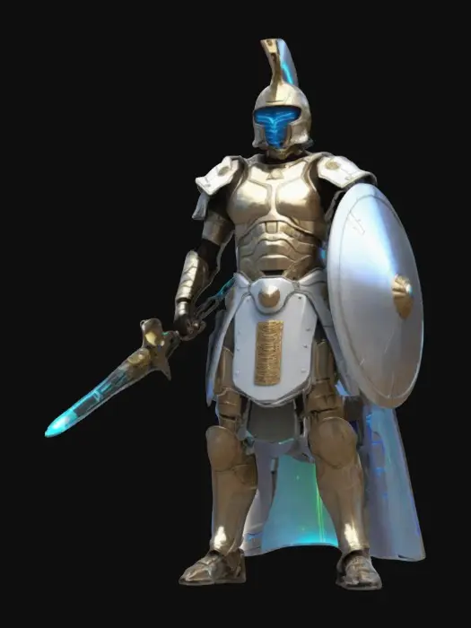 3D model for Imagine a fusion of ancient Roman weaponry with futuristic sci-fi technology. Picture a legionnaire's gladius, but with an energy-infused plasma blade, or a scutum shield reinforced with force fields and holographic defenses. Envision a pilum spear that transforms into a high-tech railgun, or a ballista redesigned as a laser-guided missile launcher. The armor is a blend of segmented lorica with sleek, cybernetic enhancements, glowing circuitry, and built-in HUD displays. #ChronoForgeWeapon#