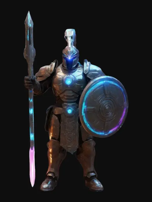 3D model for Futuristic Roman weaponry: a plasma-gladius with a glowing energy blade, a scutum shield reinforced with force fields and holographic insignias, and a pilum spear that transforms into a railgun. A cybernetic centurion wields these, clad in sleek, segmented power armor with glowing circuitry. Behind him, a laser-guided ballista and hovering war chariots engage in intergalactic battle, neon banners waving over a high-tech, war-torn battlefield, #ChronoForgeWeapon#