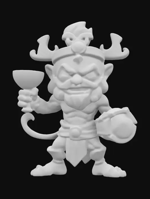 3D model for Bacchus from Smite 2 video game. Fighting pose. Sculpted detail, Well-lit. Chibi art style. Highly stylized. Ensure all walls and features are at least 2mm thick. Include bold, recessed features with a depth of at least 2mm. Maintain sharp, clean lines. Embossed features to rise at least 2mm above the surface. Recess etched details at least 2mm deep for clarity. DND.