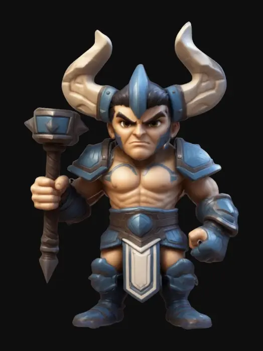 3D model for Vulcan from Smite 2 video game. Fighting pose. Sculpted detail, Well-lit. Chibi art style. Highly stylized. Ensure all walls and features are at least 2mm thick. Include bold, recessed features with a depth of at least 2mm. Maintain sharp, clean lines. Embossed features to rise at least 2mm above the surface. Recess etched details at least 2mm deep for clarity. DND.