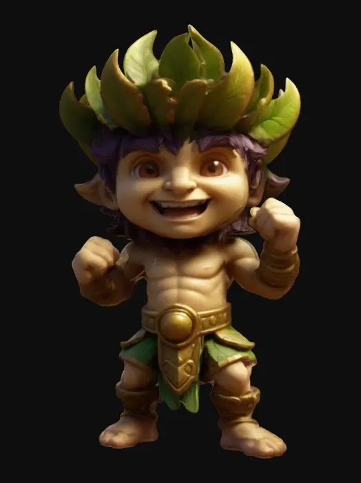 3D model for Bacchus from Smite 2 video game. Fighting pose. Sculpted detail, Well-lit. Chibi art style. Highly stylized. Ensure all walls and features are at least 2mm thick. Include bold, recessed features with a depth of at least 2mm. Maintain sharp, clean lines. Embossed features to rise at least 2mm above the surface. Recess etched details at least 2mm deep for clarity. DND.