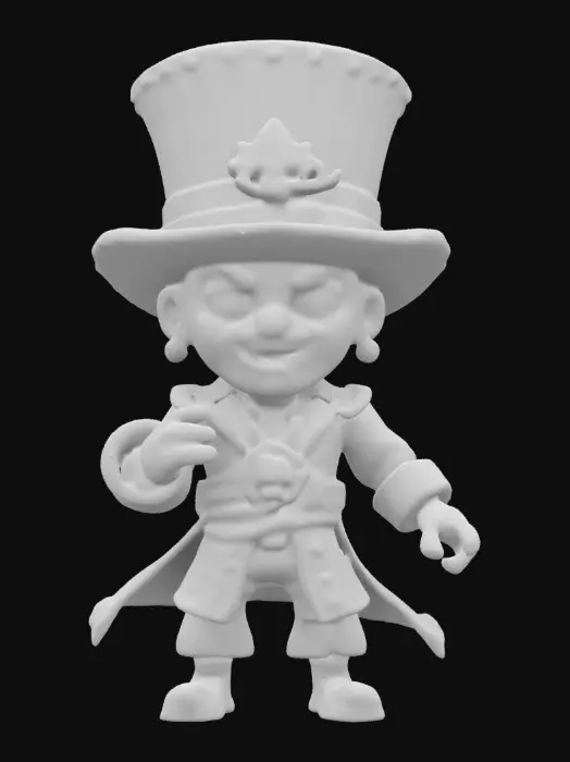 3D model for Baron Samedi from Smite 2 video game. Fighting pose. Sculpted detail, Well-lit. Chibi art style. Highly stylized. Ensure all walls and features are at least 2mm thick. Include bold, recessed features with a depth of at least 2mm. Maintain sharp, clean lines. Embossed features to rise at least 2mm above the surface. Recess etched details at least 2mm deep for clarity. DND.