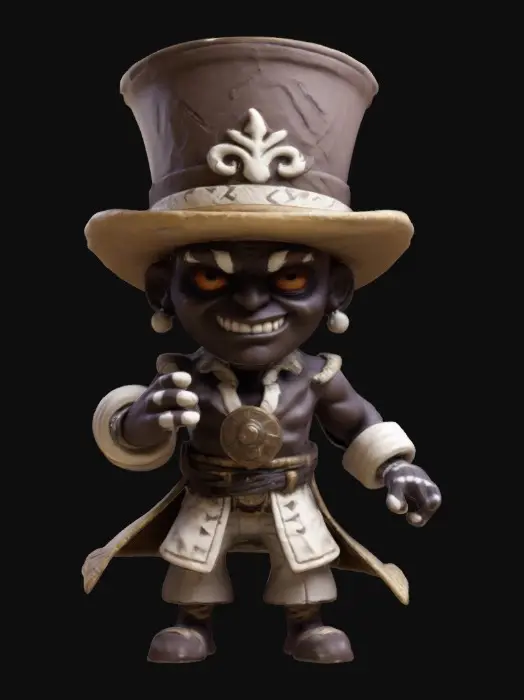 3D model for Baron Samedi from Smite 2 video game. Fighting pose. Sculpted detail, Well-lit. Chibi art style. Highly stylized. Ensure all walls and features are at least 2mm thick. Include bold, recessed features with a depth of at least 2mm. Maintain sharp, clean lines. Embossed features to rise at least 2mm above the surface. Recess etched details at least 2mm deep for clarity. DND.