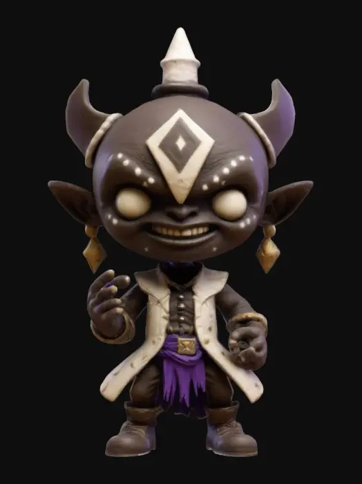 3D model for Baron Samedi from Smite 2 video game. Fighting pose. Sculpted detail, Well-lit. Chibi art style. Highly stylized. Ensure all walls and features are at least 2mm thick. Include bold, recessed features with a depth of at least 2mm. Maintain sharp, clean lines. Embossed features to rise at least 2mm above the surface. Recess etched details at least 2mm deep for clarity. DND.