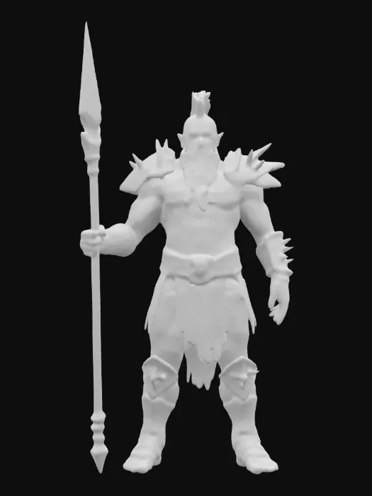 3D model for #ChronoForgeWeapon#, A Neanderthal male wearing futuristic battle armour, Holding a laser spear, #ChronoForgeWeapon#