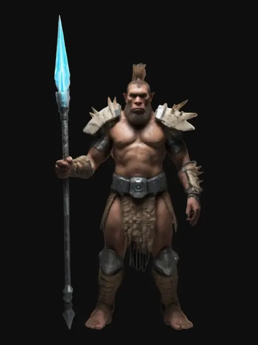 3D model for #ChronoForgeWeapon#, A Neanderthal male wearing futuristic battle armour, Holding a laser spear, #ChronoForgeWeapon#