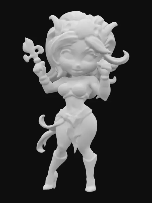3D model for Aphrodite from Smite 2 video game. Fighting pose. Sculpted detail, Well-lit. Chibi art style. Highly stylized. Ensure all walls and features are at least 2mm thick. Include bold, recessed features with a depth of at least 2mm. Maintain sharp, clean lines. Embossed features to rise at least 2mm above the surface. Recess etched details at least 2mm deep for clarity. DND.