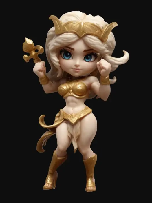 3D model for Aphrodite from Smite 2 video game. Fighting pose. Sculpted detail, Well-lit. Chibi art style. Highly stylized. Ensure all walls and features are at least 2mm thick. Include bold, recessed features with a depth of at least 2mm. Maintain sharp, clean lines. Embossed features to rise at least 2mm above the surface. Recess etched details at least 2mm deep for clarity. DND.