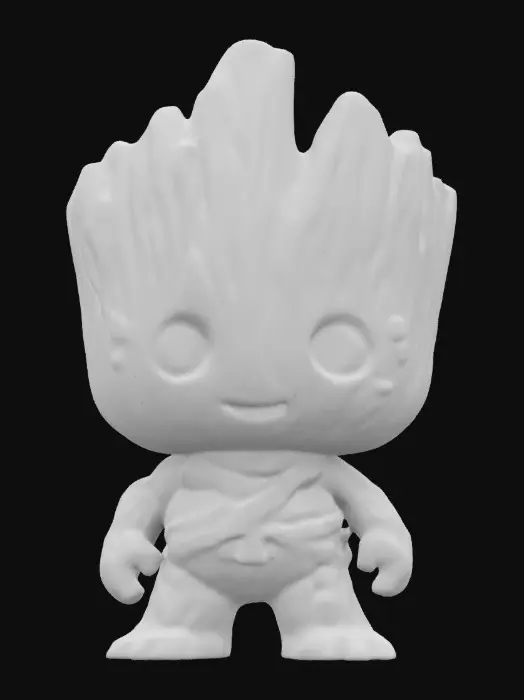 3D model for GROOT FROM The Guardians Of The Galaxy.  Sculpted detail, Well-lit. Chibi art style. Highly stylized. Ensure all walls and features are at least 2mm thick. Include bold, recessed features with a depth of at least 2mm. Maintain sharp, clean lines. Embossed features to rise at least 2mm above the surface. Recess etched details at least 2mm deep for clarity. DND.