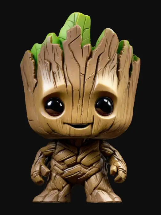 3D model for GROOT FROM The Guardians Of The Galaxy.  Sculpted detail, Well-lit. Chibi art style. Highly stylized. Ensure all walls and features are at least 2mm thick. Include bold, recessed features with a depth of at least 2mm. Maintain sharp, clean lines. Embossed features to rise at least 2mm above the surface. Recess etched details at least 2mm deep for clarity. DND.