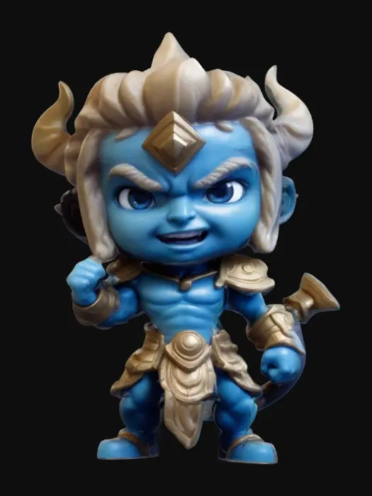 3D model for Neptune from Smite 2 video game. Fighting pose. Sculpted detail, Well-lit. Chibi art style. Highly stylized. Ensure all walls and features are at least 2mm thick. Include bold, recessed features with a depth of at least 2mm. Maintain sharp, clean lines. Embossed features to rise at least 2mm above the surface. Recess etched details at least 2mm deep for clarity. DND.