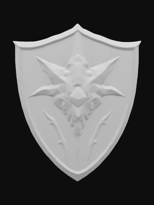 3D model for Dragon  Shield cracked and weathered as if from centuries of battle emblazoned with a Dragon crest, Glowing Runes running through the thick metal etched with dark arcane symbols deeply sculpted textures tarnished iron accents claw marks across the surface imbued with a faint cursed glow hyper-realistic intricate detail cinematic fantasy lighting perfect for DND displays or collector items