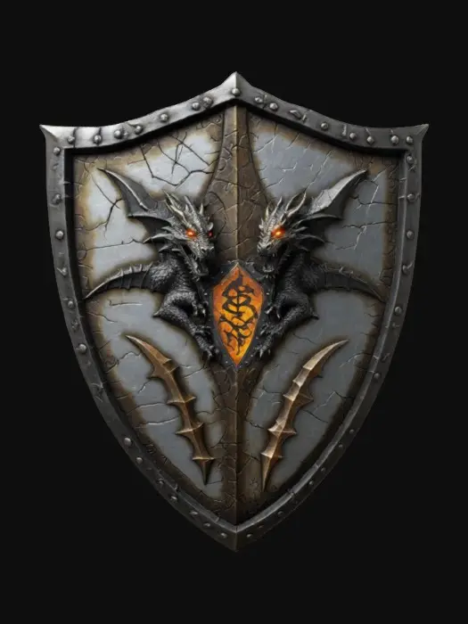 3D model for Dragon  Shield cracked and weathered as if from centuries of battle emblazoned with a Dragon crest, Glowing Runes running through the thick metal etched with dark arcane symbols deeply sculpted textures tarnished iron accents claw marks across the surface imbued with a faint cursed glow hyper-realistic intricate detail cinematic fantasy lighting perfect for DND displays or collector items