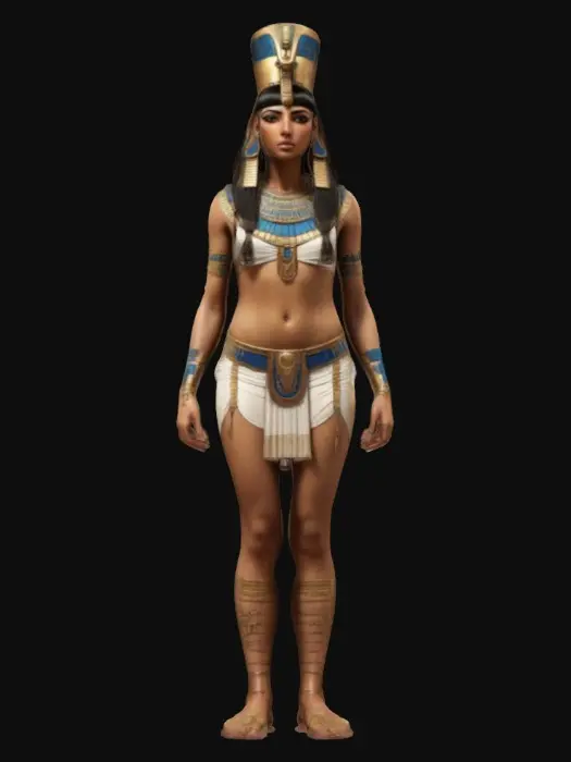 3D model for Cleopatra, noble graceful body, ancient Egyptian modern sportswear, long combed decorated hair, light brown skin decorated with symbols, highly detailed beautiful face, extremely details, high resolution texture, epic royal stance, #women#