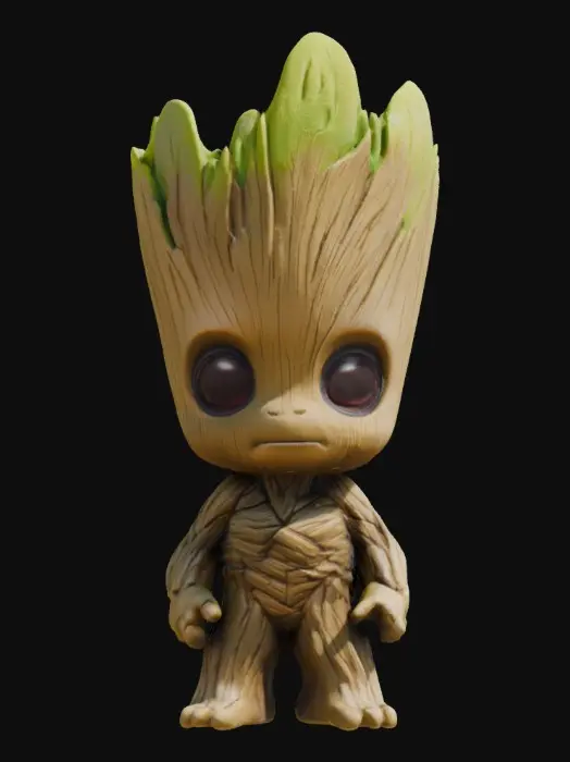 3D model for GROOT FROM The Guardians Of The Galaxy.  Sculpted detail, Well-lit. Chibi art style. Highly stylized. Ensure all walls and features are at least 2mm thick. Include bold, recessed features with a depth of at least 2mm. Maintain sharp, clean lines. Embossed features to rise at least 2mm above the surface. Recess etched details at least 2mm deep for clarity. DND., #game figure#, #game figure#