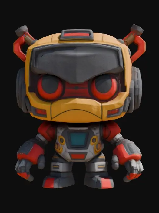 3D model for Robot,Chibi art style. Hand painted designer Vinyl collectible. Clearly defined facial features. Highly detailed. Highly stylized. Ensure all walls and features are at least 2mm thick. Include bold, recessed features with a depth of at least 2mm. Maintain sharp, clean lines with no unnecessary fine or jagged edges. Design embossed features to rise at least 2mm above the surface. Recess etched details at least 2mm deep for clarity. Best detailed mesh.