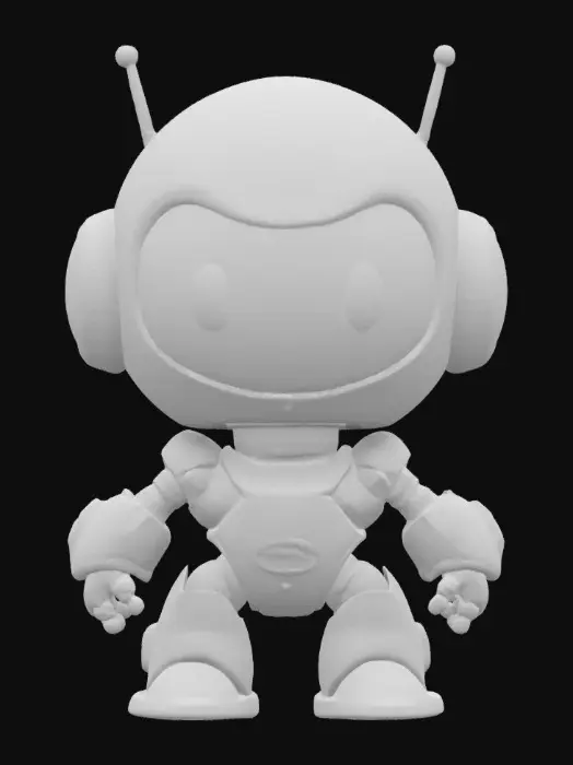 3D model for Robot,Chibi art style. Hand painted designer Vinyl collectible. Clearly defined facial features. Highly detailed. Highly stylized. Ensure all walls and features are at least 2mm thick. Include bold, recessed features with a depth of at least 2mm. Maintain sharp, clean lines with no unnecessary fine or jagged edges. Design embossed features to rise at least 2mm above the surface. Recess etched details at least 2mm deep for clarity. Best detailed mesh., #game figure#, #game figure#