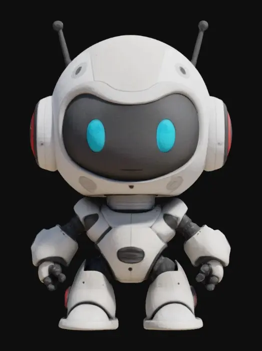 3D model for Robot,Chibi art style. Hand painted designer Vinyl collectible. Clearly defined facial features. Highly detailed. Highly stylized. Ensure all walls and features are at least 2mm thick. Include bold, recessed features with a depth of at least 2mm. Maintain sharp, clean lines with no unnecessary fine or jagged edges. Design embossed features to rise at least 2mm above the surface. Recess etched details at least 2mm deep for clarity. Best detailed mesh., #game figure#, #game figure#