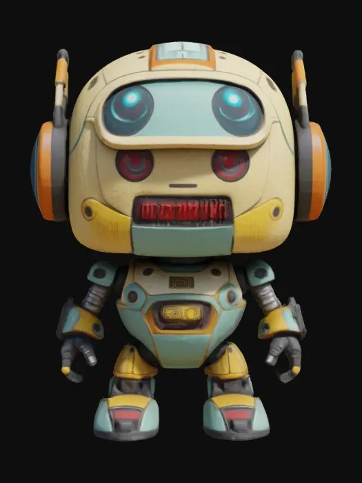 3D model for Robot,Chibi art style. Hand painted designer Vinyl collectible. Clearly defined facial features. Highly detailed. Highly stylized. Ensure all walls and features are at least 2mm thick. Include bold, recessed features with a depth of at least 2mm. Maintain sharp, clean lines with no unnecessary fine or jagged edges. Design embossed features to rise at least 2mm above the surface. Recess etched details at least 2mm deep for clarity. Best detailed mesh., #game figure#, #game figure#