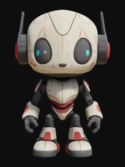 3D model for Robot,Chibi art style. Hand painted designer Vinyl collectible. Clearly defined facial features. Highly detailed. Highly stylized. Ensure all walls and features are at least 2mm thick. Include bold, recessed features with a depth of at least 2mm. Maintain sharp, clean lines with no unnecessary fine or jagged edges. Design embossed features to rise at least 2mm above the surface. Recess etched details at least 2mm deep for clarity. Best detailed mesh., #game figure#, #game figure#