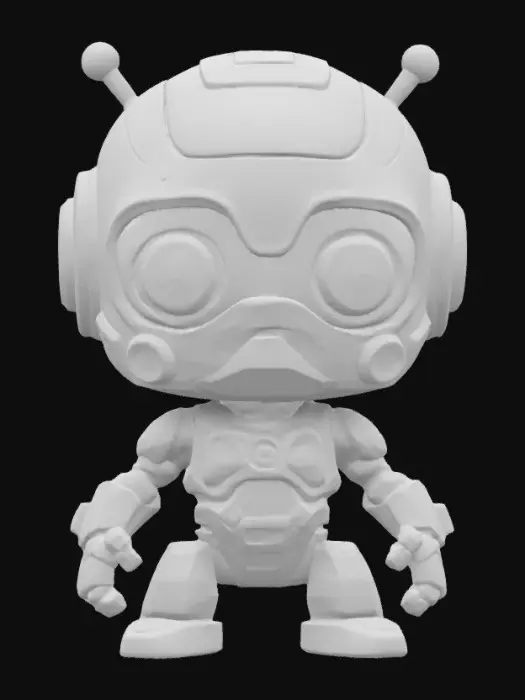 3D model for Robot,Chibi art style. Hand painted designer Vinyl collectible. Clearly defined facial features. Highly detailed. Highly stylized. Ensure all walls and features are at least 2mm thick. Include bold, recessed features with a depth of at least 2mm. Maintain sharp, clean lines with no unnecessary fine or jagged edges. Design embossed features to rise at least 2mm above the surface. Recess etched details at least 2mm deep for clarity. Best detailed mesh., #game figure#, #game figure#
