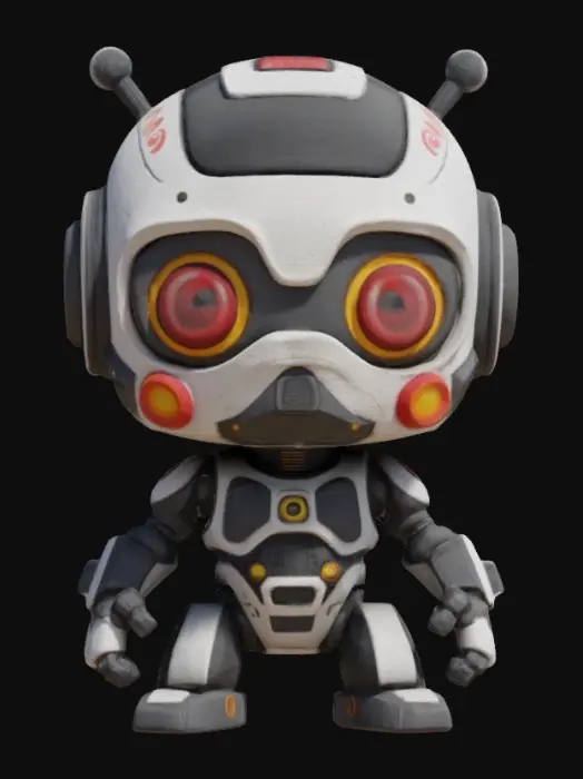 3D model for Robot,Chibi art style. Hand painted designer Vinyl collectible. Clearly defined facial features. Highly detailed. Highly stylized. Ensure all walls and features are at least 2mm thick. Include bold, recessed features with a depth of at least 2mm. Maintain sharp, clean lines with no unnecessary fine or jagged edges. Design embossed features to rise at least 2mm above the surface. Recess etched details at least 2mm deep for clarity. Best detailed mesh., #game figure#, #game figure#