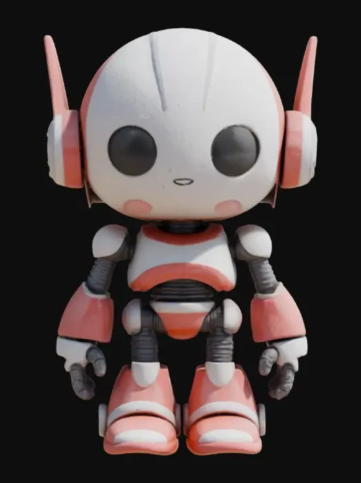 3D model for Robot,Chibi art style. Hand painted designer Vinyl collectible. Clearly defined facial features. Highly detailed. Highly stylized. Ensure all walls and features are at least 2mm thick. Include bold, recessed features with a depth of at least 2mm. Maintain sharp, clean lines with no unnecessary fine or jagged edges. Design embossed features to rise at least 2mm above the surface. Recess etched details at least 2mm deep for clarity. Best detailed mesh.