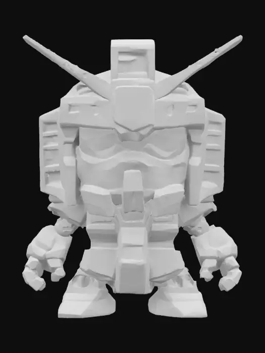 3D model for Gundam, #game figure#,  Robot,Chibi art style. Hand painted designer Vinyl collectible. Clearly defined facial features. Highly detailed. Highly stylized. Ensure all walls and features are at least 2mm thick. Include bold, recessed features with a depth of at least 2mm. Maintain sharp, clean lines with no unnecessary fine or jagged edges. Design embossed features to rise at least 2mm above the surface. Recess etched details at least 2mm deep for clarity. Best detailed mesh., #game figure#
