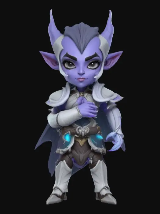 3D model for A world of warcarft dark elf chibi stylized art style. dynamic pose. Highly stylized, dnd miniature ,