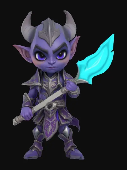 3D model for A world of warcarft dark elf chibi stylized art style. dynamic pose. Highly stylized, dnd miniature ,