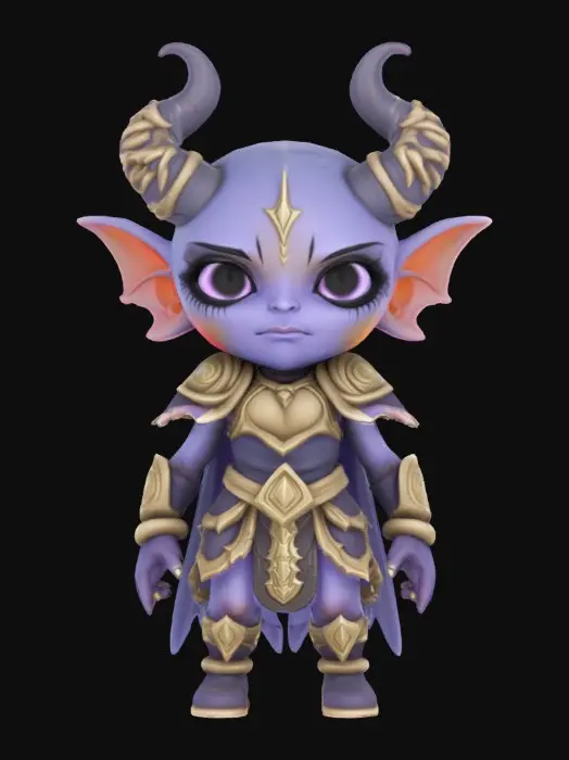 3D model for A world of warcarft dark elf chibi stylized art style. dynamic pose. Highly stylized, dnd miniature ,