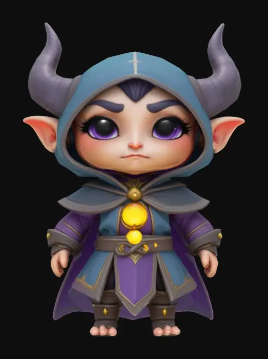 3D model for A world of warcarft dark elf chibi stylized art style. dynamic pose. Highly stylized, dnd miniature ,