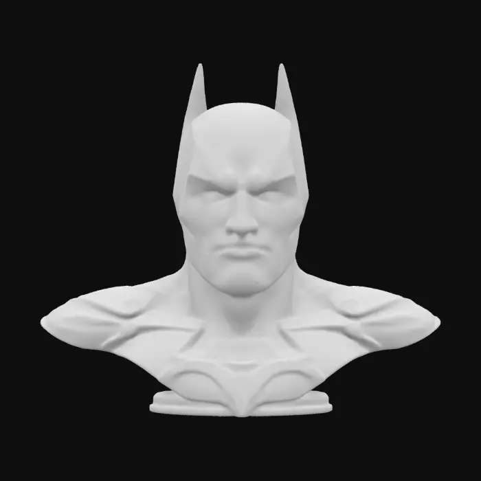 3D model for Bust , Ultra Realistic,, Stylised, batman bust, from the dark knight.with vengeance look.Clearly defined features. Highly stylized. Highly detailed. All walls and features at least 2mm thick. Include bold, recessed features with a depth of at least 2mm. Maintain sharp, clean lines with no unnecessary fine or jagged edges. Design embossed features to rise at least 2mm above the surface. Recess etched details at least 2mm deep for clarity.
