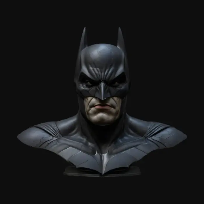 3D model for Bust , Ultra Realistic,, Stylised, batman bust, from the dark knight.with vengeance look.Clearly defined features. Highly stylized. Highly detailed. All walls and features at least 2mm thick. Include bold, recessed features with a depth of at least 2mm. Maintain sharp, clean lines with no unnecessary fine or jagged edges. Design embossed features to rise at least 2mm above the surface. Recess etched details at least 2mm deep for clarity.