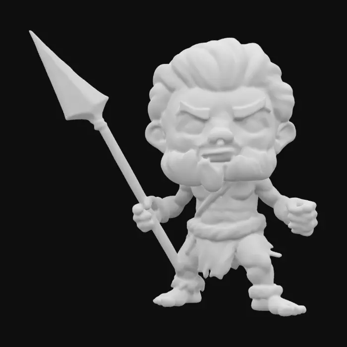 3D model for A Caveman. Holding a Spear. Fighting pose. Chibi art style. Well lit. Highly stylized. Highly detailed. Clearly defined facial features. Sharp, clean lines. All walls and features at least 2mm thick. Bold, recessed features with a depth of at least 2mm. Embossed features to rise at least 2mm above the surface. Recess etched details at least 2mm deep.