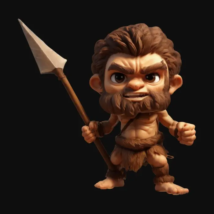 3D model for A Caveman. Holding a Spear. Fighting pose. Chibi art style. Well lit. Highly stylized. Highly detailed. Clearly defined facial features. Sharp, clean lines. All walls and features at least 2mm thick. Bold, recessed features with a depth of at least 2mm. Embossed features to rise at least 2mm above the surface. Recess etched details at least 2mm deep.