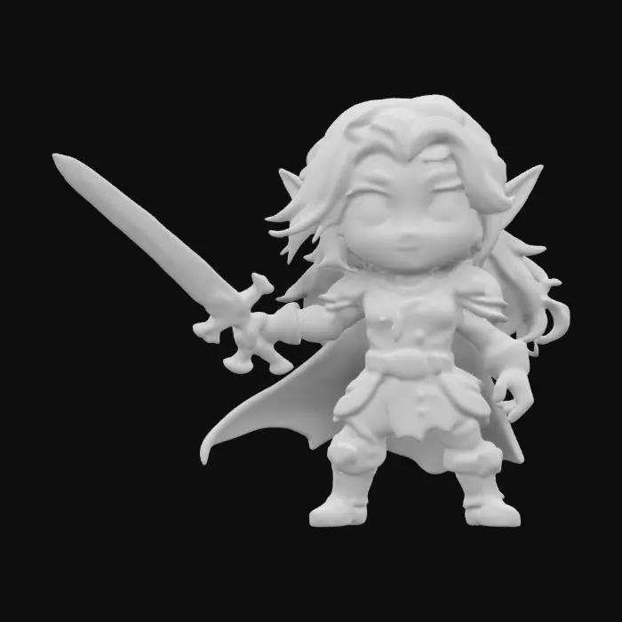 3D model for An ELVEN KNIGHT swordswoman in a fighting stance. Sword mid-swing. Dressed in leather armor and a flowing cape. Fierce expression. Chibi art style influenced by Dungeons & Dragons. Sculpted model with clean, sharp lines and etched detailed features. Include carved or etched details, emphasizing texture. Ensure clean sharp edges, maintaining intricate patterns. Prioritize clarity in design.