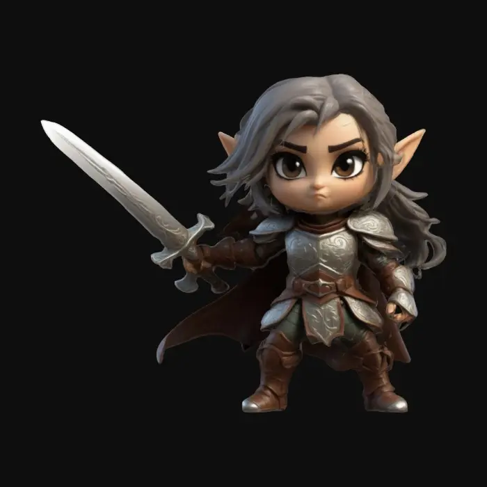 3D model for An ELVEN KNIGHT swordswoman in a fighting stance. Sword mid-swing. Dressed in leather armor and a flowing cape. Fierce expression. Chibi art style influenced by Dungeons & Dragons. Sculpted model with clean, sharp lines and etched detailed features. Include carved or etched details, emphasizing texture. Ensure clean sharp edges, maintaining intricate patterns. Prioritize clarity in design.