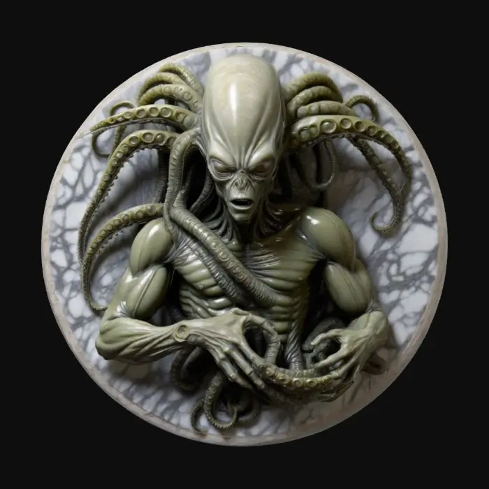 3D model for The sculpture features a muscular Aliens figure with an HR Geiger Alien head, enveloped by detailed, coiling tentacles, displayed in a circular stone relief with a textured, marble-like finish., Marble, Highly Detailed, Ultra Realistic, PolishedHighly stylized. Highly detailed. Sharp, clean lines. All walls and features at least 2mm thick. Bold, recessed features with a depth of at least 2mm. Embossed features to rise at least 2mm above the surface. Recess etched details at least 2mm deep.