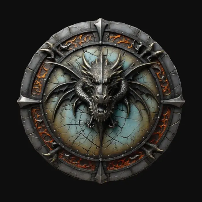 3D model for Dragon  Shield cracked and weathered as if from centuries of battle emblazoned with a Dragon crest, Glowing Runes running through the thick metal etched with dark arcane symbols deeply sculpted textures tarnished iron accents claw marks across the surface imbued with a faint cursed glow hyper-realistic intricate detail cinematic fantasy lighting perfect for DND displays or collector items