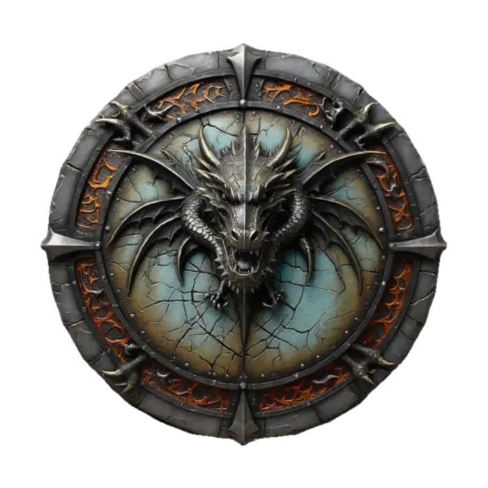 Dragon Shield cracked and weathered as if from centuries of battle emblazoned with a… - Cursed 3D model, vytvořený pomocí AI