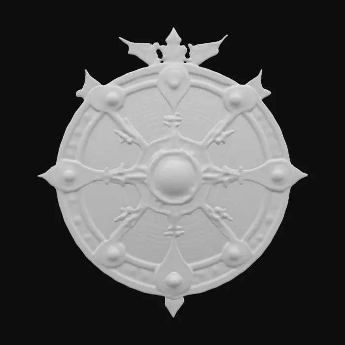 3D model for Dragon  Shield cracked and weathered as if from centuries of battle emblazoned with a Dragon crest, Glowing Runes running through the thick metal etched with dark arcane symbols deeply sculpted textures tarnished iron accents claw marks across the surface imbued with a faint cursed glow hyper-realistic intricate detail cinematic fantasy lighting perfect for DND displays or collector items